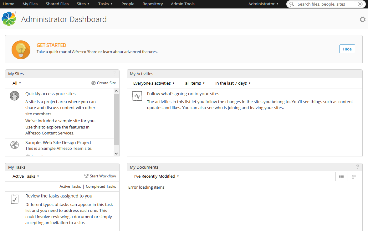 Alfresco Backend dashboard